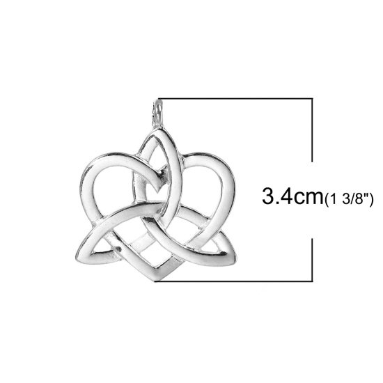 Picture of Zinc Based Alloy Pendants Heart Silver Plated Celtic Knot Carved Hollow 3.4cm(1 3/8") x 2.9cm(1/8"), 10 PCs