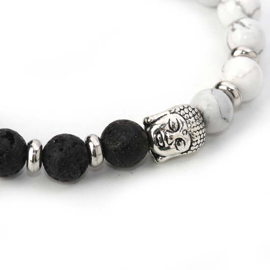 Picture of Synthetic Lava Beaded Healing Elastic Bracelet Black & White Antique Silver Color Buddha Statue 21.5cm(8 4/8") long, 1 Piece