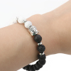 Picture of Synthetic Lava Beaded Healing Elastic Bracelet Black & White Antique Silver Color Buddha Statue 21.5cm(8 4/8") long, 1 Piece