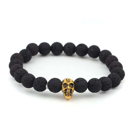 Picture of Synthetic Lava Beaded Healing Elastic Bracelet Black Gold Tone Antique Gold Halloween Skull 21cm(8 2/8") long, 1 Piece