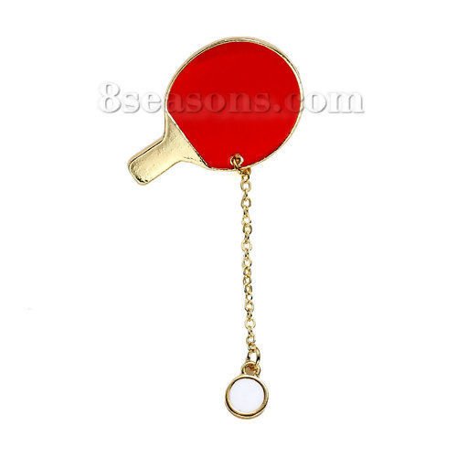 Bild von Revers Krawatte Brosche Tischtennis Schläger & Tischtennisball Vergoldet Rot Emaille 69mmx 35mm, 1 Stück