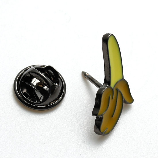 Picture of Tie Tac Lapel Pin Brooches Fruit Banana Gunmetal Yellow & Brown 22mm( 7/8") x 12mm( 4/8"), 1 Piece