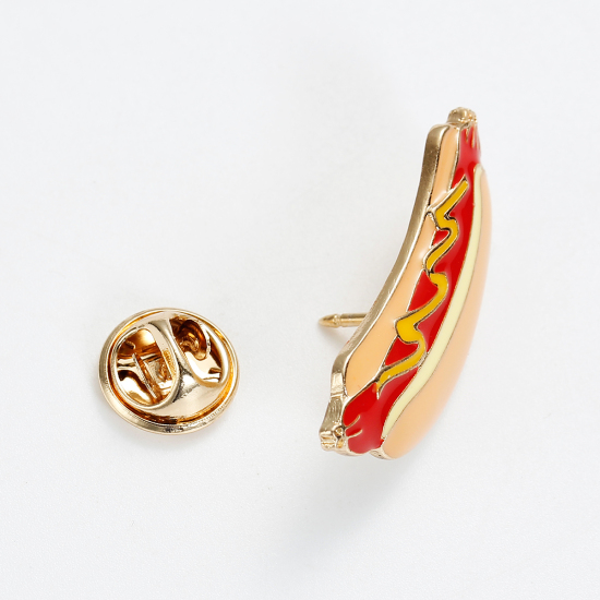 Picture of Tie Tac Lapel Pin Brooches Hot Dog Gold Plated Multicolor Enamel 34mm(1 3/8") x 15mm( 5/8"), 1 Piece