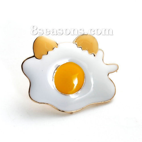 Picture of Tie Tac Lapel Pin Brooches Poached Egg Gold Plated White & Yellow Enamel 28mm(1 1/8") x 23mm( 7/8"), 1 Piece