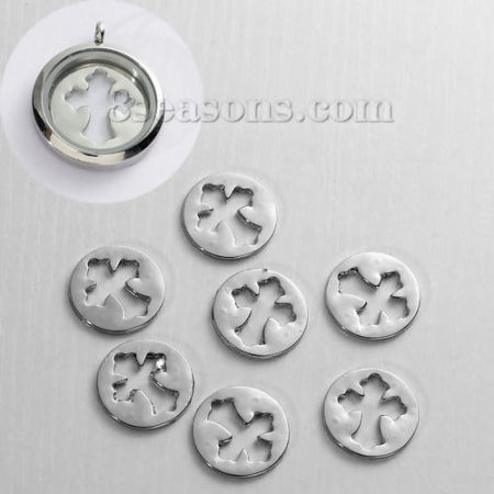 Zinc Based Alloy Floating Plates For Glass Locket Round Silver Tone Cross Carved Hollow 22mm( 7/8") Dia., 10 PCs