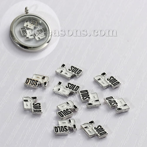 Picture of Zinc Based Alloy Floating Charms For Glass Locket House Silver Tone Message "Solo" Carved Black & White Enamel 10mm( 3/8") x 8mm( 3/8"), 5 PCs