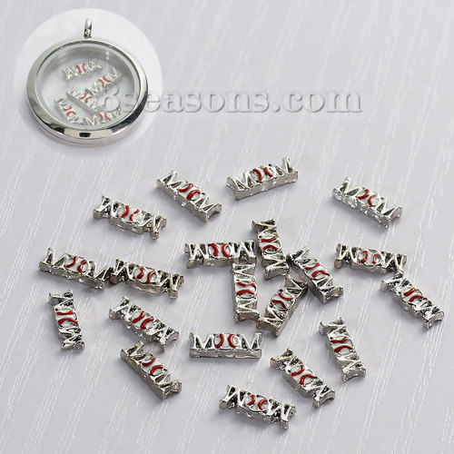Picture of Zinc Based Alloy Floating Charms For Glass Locket Baseball Silver Tone Message " Mom " Carved White & Red Enamel 10mm( 3/8") x 4mm( 1/8"), 5 PCs