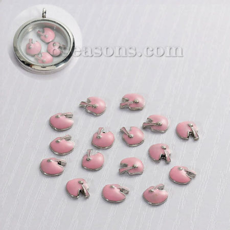 Image de Flottant Charme Médaillon Cabochon en Alliage de Zinc Casque Argent Mat Rose Email 9mm x 7mm, 5 Pcs