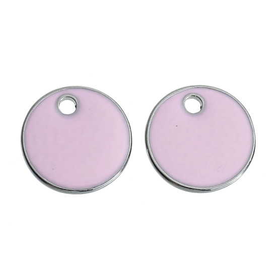Immagine di Lega di Zinco Charm Ciondoli Tondo Tono Argento Rosa Smalto 16mm Dia, 5 Pz