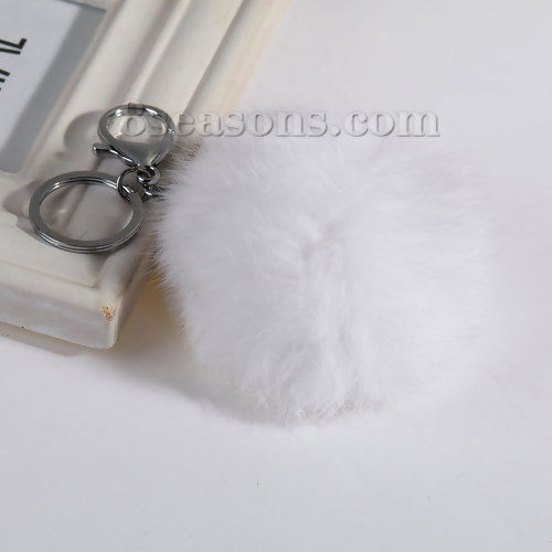 Picture of Angora Keychain & Keyring Pom Pom Ball Silver Tone White 14cm x 7.8cm, 1 Piece
