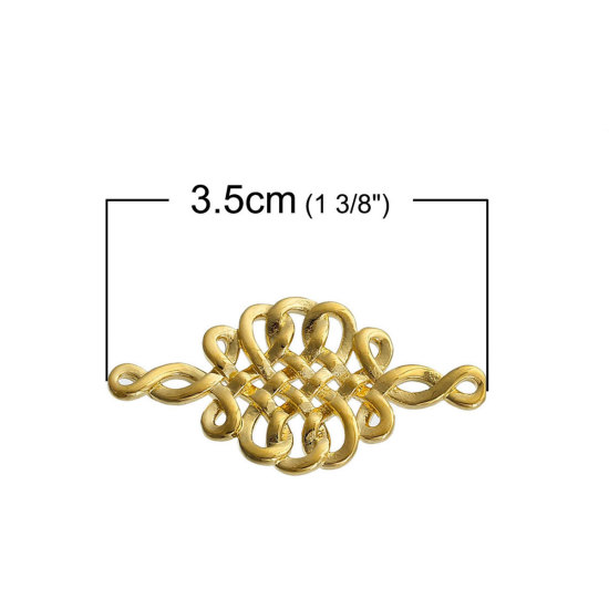 Picture of Brass Connectors Findings Rhombus Gold Plated Celtic Knot Carved Hollow 35mm(1 3/8") x 18mm( 6/8"), 2 PCs                                                                                                                                                     