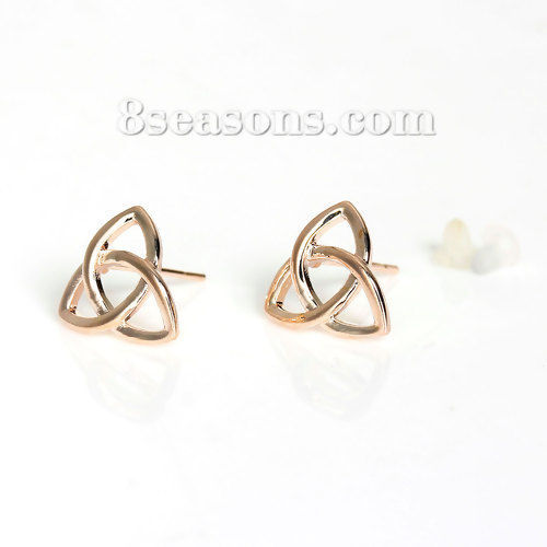 Picture of Brass Ear Post Stud Earrings Rose Gold Triangle Celtic Knot W/ Stoppers 12mm( 4/8") x 11mm( 3/8"), Post/ Wire Size: (20 gauge), 2 PCs                                                                                                                         