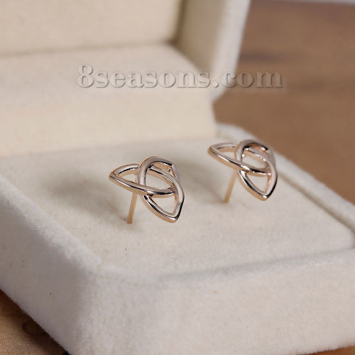Picture of Brass Ear Post Stud Earrings Rose Gold Triangle Celtic Knot W/ Stoppers 12mm( 4/8") x 11mm( 3/8"), Post/ Wire Size: (20 gauge), 2 PCs                                                                                                                         