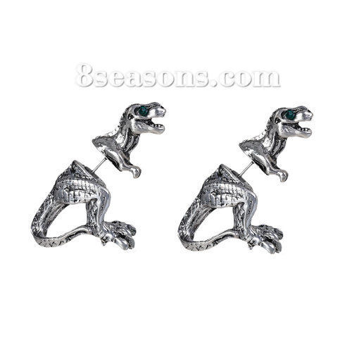 Picture of 3D Double Sided Ear Post Stud Earrings Antique Silver Color Dinosaur Animal Green Rhinestone 28mm(1 1/8") x 22mm( 7/8"), Post/ Wire Size: (21 gauge), 2 PCs