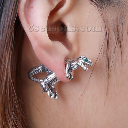 Picture of 3D Double Sided Ear Post Stud Earrings Antique Silver Color Dinosaur Animal Green Rhinestone 28mm(1 1/8") x 22mm( 7/8"), Post/ Wire Size: (21 gauge), 2 PCs