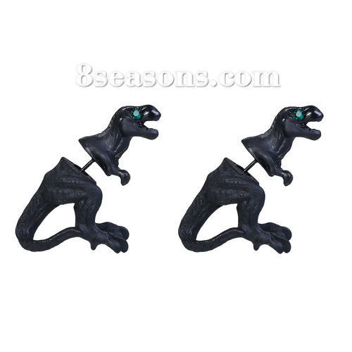 Image de Double Face Boucles d'Oreilles 3D Dinosaures Noir à Strass Vert 28mm x 22mm, Epaisseur de Fil: (21 gauge), 2 Pcs