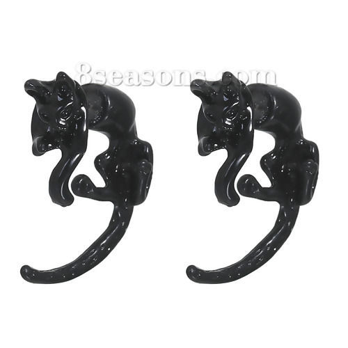 Picture of 3D Double Sided Ear Post Stud Earrings Halloween Black Cat 25mm(1") x 23mm( 7/8"), Post/ Wire Size: (21 gauge), 2 PCs