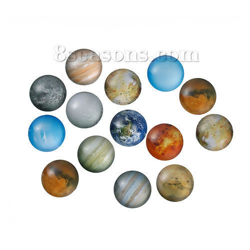 Picture of Glass Dome Seals Cabochon Round Flatback At Random Mixed Universe Planet Pattern Transparent 25mm(1") Dia, 10 PCs