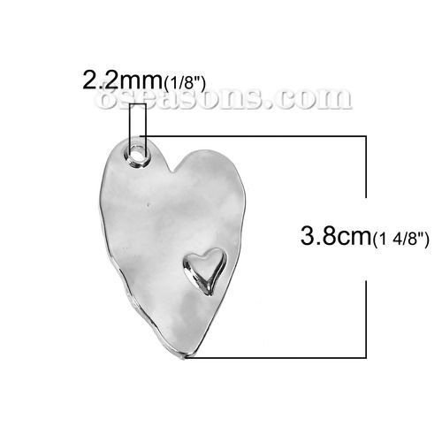 Picture of Zinc Based Alloy Hammered Pendants Heart Silver Tone 38mm(1 4/8") x 24mm(1"), 5 PCs