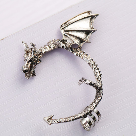 Picture of Ear Cuff Clip On Stud Wrap Earrings For Left Ear Antique Silver Color Dragon 62mm(2 4/8") x 56mm(2 2/8"), 2 PCs