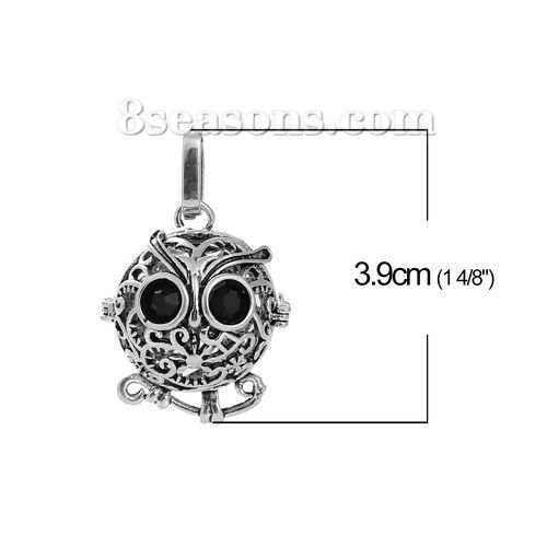 Picture of Copper Mexican Angel Caller Bola Harmony Ball Wish Box Pendants Halloween Owl Animal Antique Silver Color Filigree Black Rhinestone Can Open (Fit Bead Size: 18mm) 3.9cm x2.5cm(1 4/8" x1"), 1 Piece