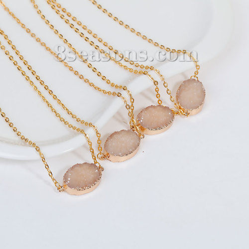 Picture of Resin Druzy /Drusy Necklace Link Cable Chain Gold Plated Light Beige Oval 43.5cm(17 1/8") long, 1 Piece