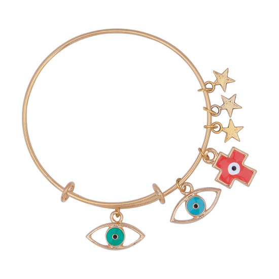Imagen de Nueva Moda Acero Inoxidable Brazalete Chapado en Oro Multicolor Esmalte Mal de ojo Cruz Expandible 21cm longitud, 1 Unidad
