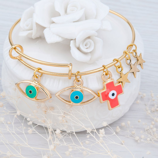 Imagen de Nueva Moda Acero Inoxidable Brazalete Chapado en Oro Multicolor Esmalte Mal de ojo Cruz Expandible 21cm longitud, 1 Unidad