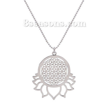 Image de Nouvelle Tendance Colliers en Cuivre Pendentif Fleur de Vie Creux Chaîne Maille Bille Argent Mat 58.5cm long, 1 Pièce