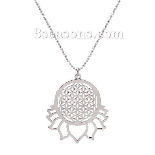 Picture of Copper Flower Of Life Necklace Ball Chain Silver Tone Hollow 58.5cm(23") long, 1 Piece