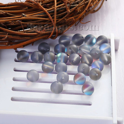 Picture of Glass Imitation Glitter Polaris Beads Round Gray Frosted About 10mm( 3/8") Dia, Hole: Approx 1.1mm, 10 PCs