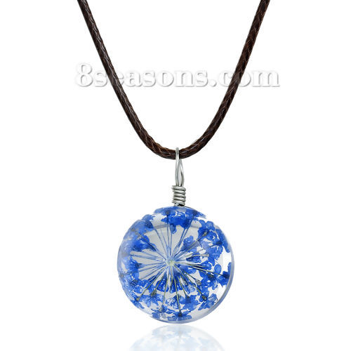 Picture of Glass Dried Flower Necklace Dark Coffee Wax Cord Blue 44.5cm(17 4/8") long, 1 Piece
