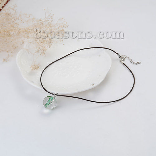 Picture of Transparent Glass Globe Dried Flower Necklace Dark Coffee Wax Cord Green 44.5cm(17 4/8") long, 1 Piece