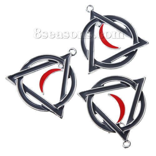 Immagine di Lega di Zinco Ciondoli Triangolo Argento Placcato Nero & Rosso Luna Smalto 43mm x 40mm - 42mm x 39mm, 2 Pz