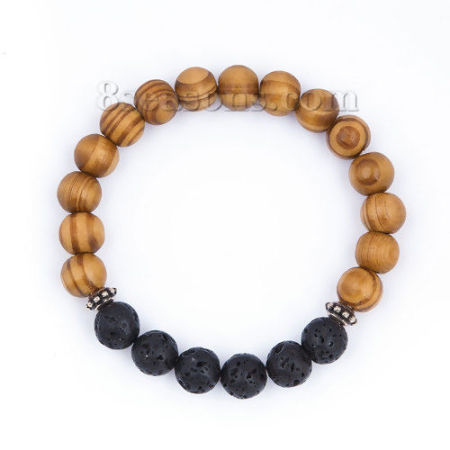 Stone Lava Natural Wood Beaded Healing Bracelet Antique Silver Color Gear Black & Brown Elastic 24.5cm(9 5/8") long, 1 Piece