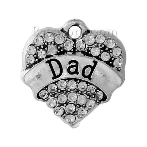 Picture of Zinc Based Alloy Charms Heart Antique Silver Color Message " DAD " Carved Clear Rhinestone 20mm( 6/8") x 19mm( 6/8"), 5 PCs