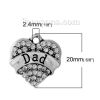 Bild von Zinklegierung Charms Herz Antiksilber Message " DAD " Transparent Strass 20mm x 19mm, 5 Stücke