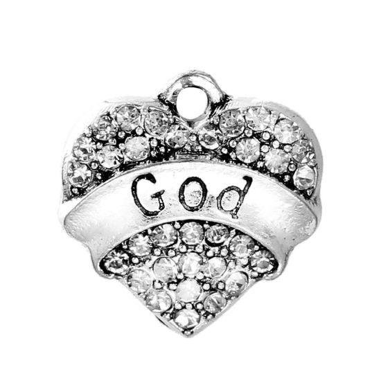 Picture of Zinc Based Alloy Charms Heart Antique Silver Color Message " DAD " Carved Clear Rhinestone 20mm( 6/8") x 19mm( 6/8"), 5 PCs