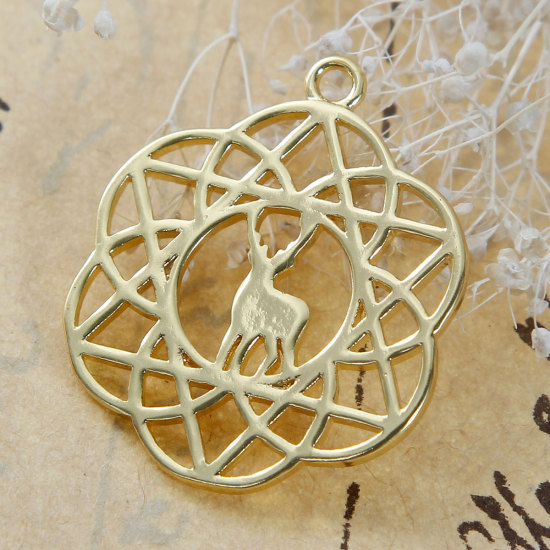 Picture of Brass Flower Of Life Charms Flower Gold Plated Deer Animal Carved Hollow 28mm(1 1/8") x 23mm( 7/8"), 2 PCs                                                                                                                                                    
