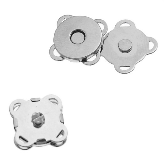 Picture of Magnetic Hematite Magnetic Snap Clasps For Purse Handbag Flower Silver Tone 11mm x 11mm, 10 PCs