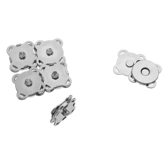 Picture of Magnetic Hematite Magnetic Snap Clasps For Purse Handbag Flower Silver Tone 11mm x 11mm, 10 PCs