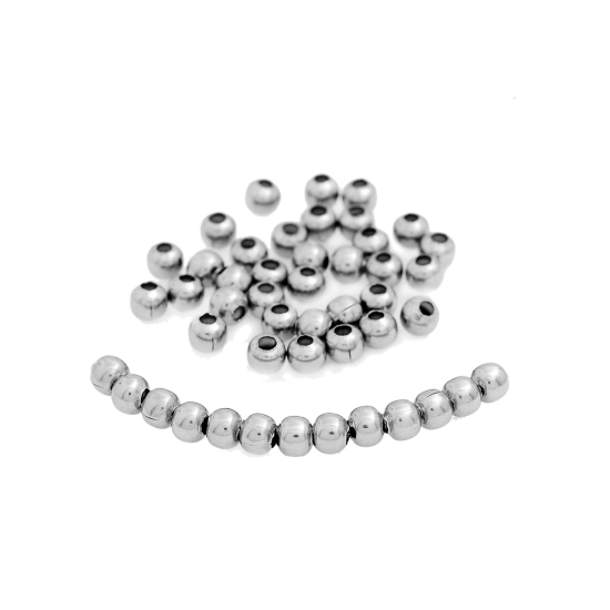 Image de Perles en 304 Acier Inoxydable Forme Rond Argent Mat Diamètre: 4mm, Tailles de Trous: 1.3mm, 100 Pcs