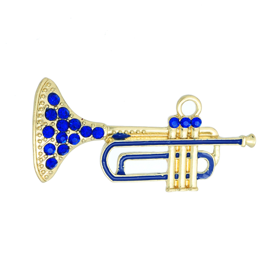 Immagine di Lega + Strass Charm Ciondoli Strumento Musicale Tromba Oro Placcato Blu Strass Smalto 58mm x 27mm , 5 Pz