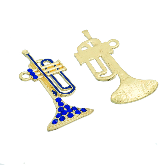 Immagine di Lega + Strass Charm Ciondoli Strumento Musicale Tromba Oro Placcato Blu Strass Smalto 58mm x 27mm , 5 Pz