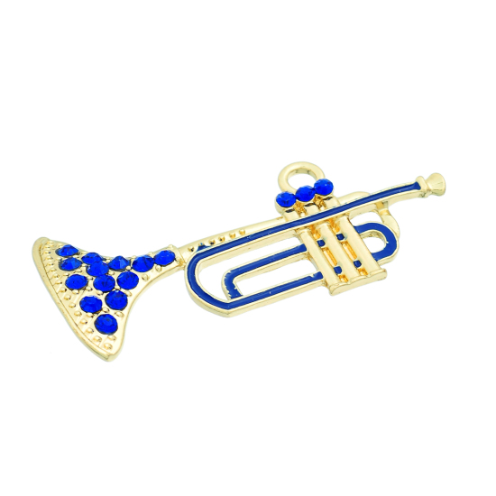 Immagine di Lega + Strass Charm Ciondoli Strumento Musicale Tromba Oro Placcato Blu Strass Smalto 58mm x 27mm , 5 Pz