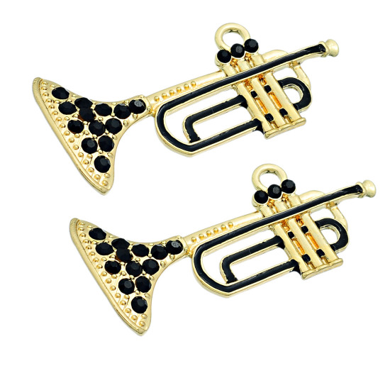 Image de Pendentifs en Alliage de Zinc Clairon Instrument de Musique Doré à Strass Noir Email 5.8cm x 2.7cm, 5 Pcs