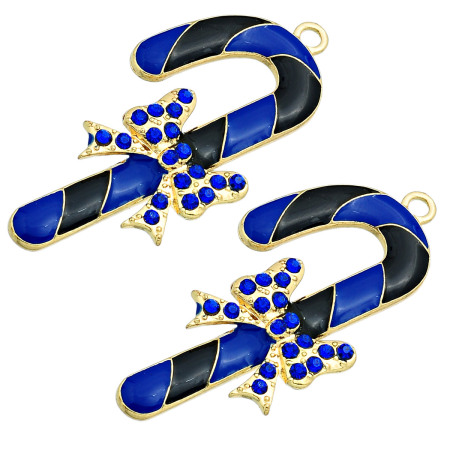 Zinc Metal Alloy Pendants Christmas Candy Cane Gold Plated Bowknot Carved Blue Rhinestone Black Enamel 6.1cm x 3.1cm(2 3/8" x 1 2/8"), 5 PCs