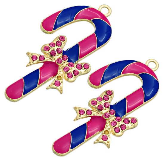 Imagen de Colgantes Aleación + Brillantito de Bastón de Caramelo de Navidad , Chapado en Oro Nudo Mariposa Patrón Esmalte 6.1cmx 3.1cm, 5 Unidades