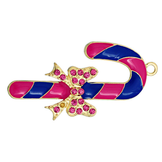 Imagen de Colgantes Aleación + Brillantito de Bastón de Caramelo de Navidad , Chapado en Oro Nudo Mariposa Patrón Esmalte 6.1cmx 3.1cm, 5 Unidades