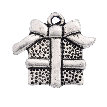 Zinc Metal Alloy Charm Pendants Christmas Gift Box Antique Silver Color 15mm(5/8") x 16mm(5/8"), 30 PCs
